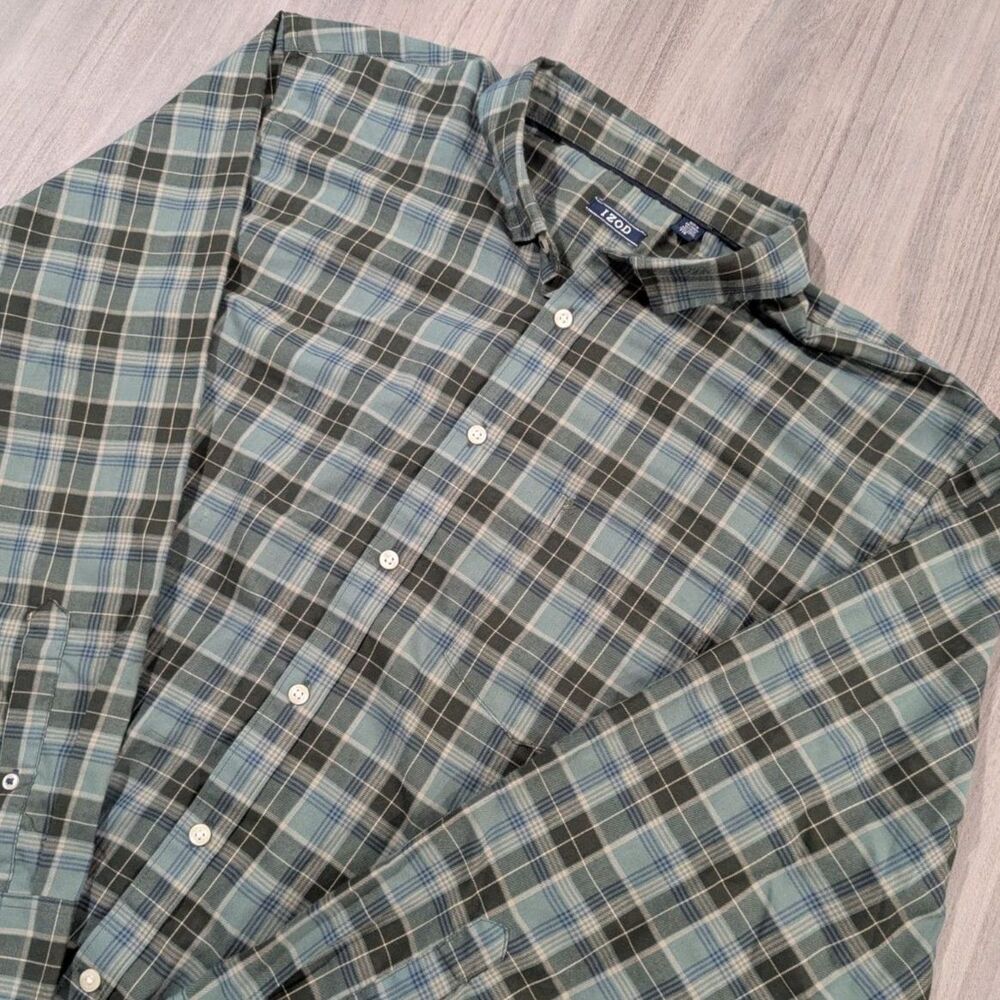 IZOD Mens Plaid Long Sleeve Button Down Shirt Green Gray Size XXL